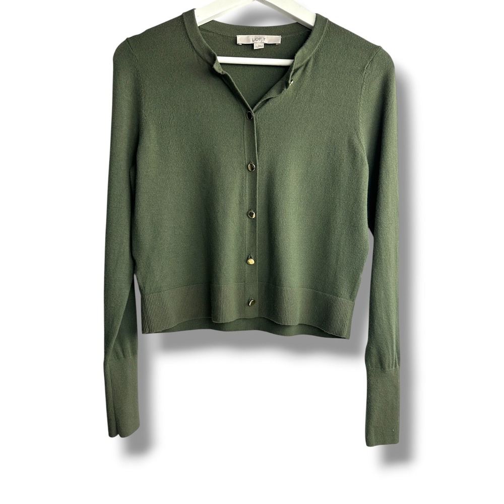 LOFT Cardigan Sweater Women Small Olive Green Gold Button Crew Neck Fine Knit